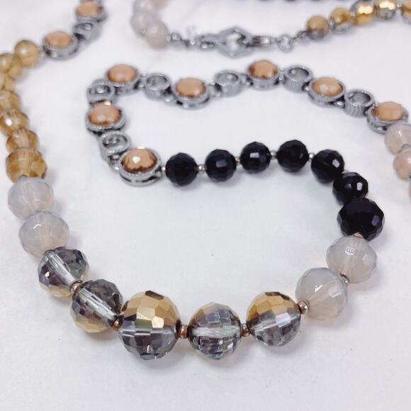 Glass Bead Long Necklace 37" Silver Tone Champagne Crystals - Picture 6 of 11